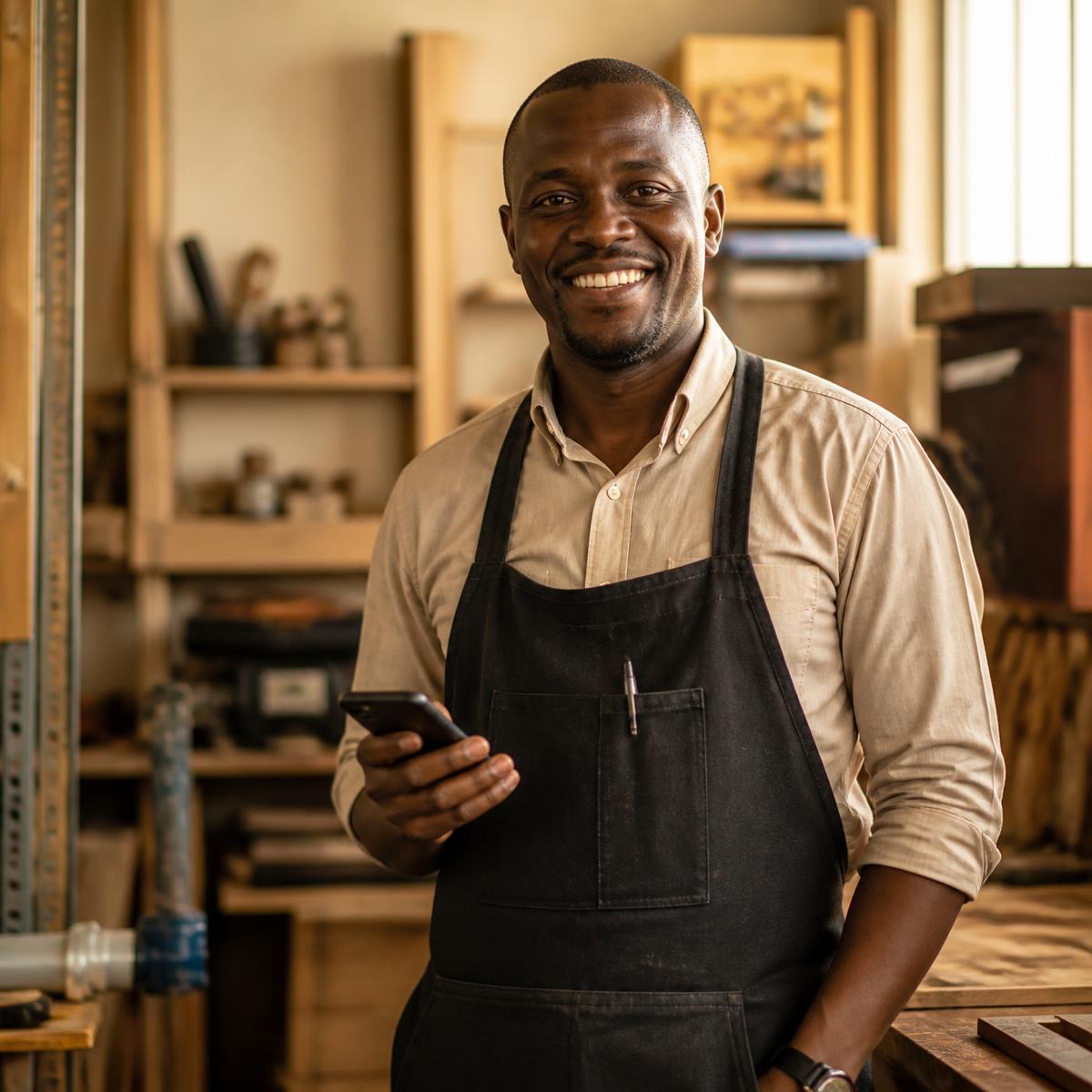 Kenyan small business owner checking his website on a phone