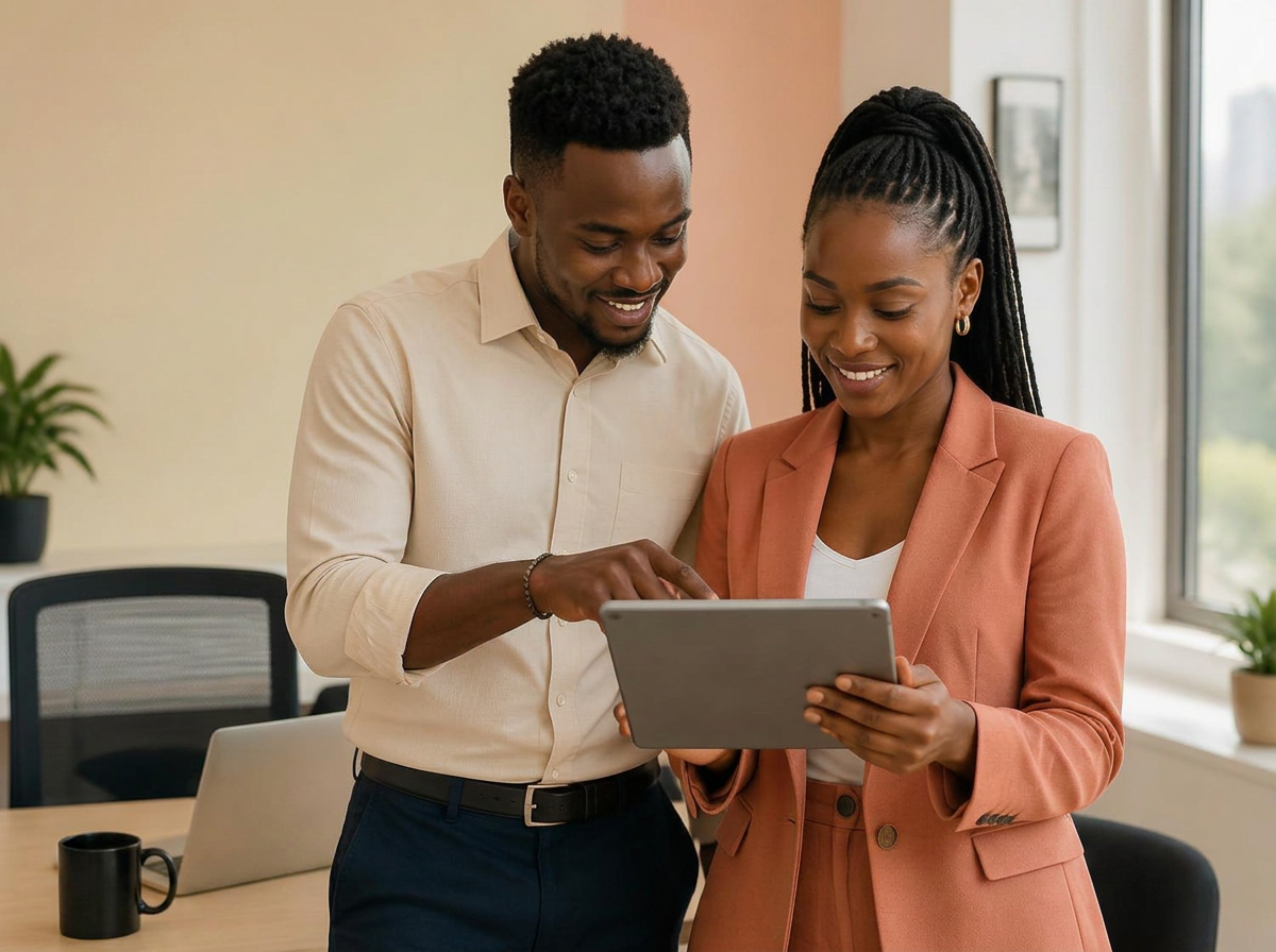 Two Kenyan colleagues reviewing their business website together